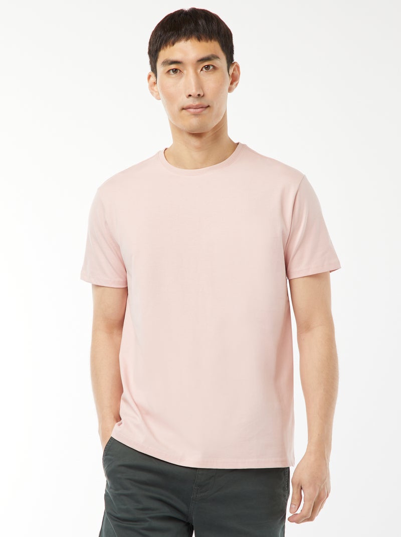 T-shirt com gola redonda de algodão Rosa - Kiabi