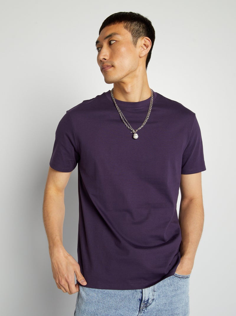 T-shirt com gola redonda de algodão Violeta - Kiabi