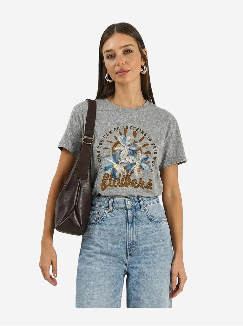 T-shirt com gola redonda e bordado floral lucci Cinza - Kiabi