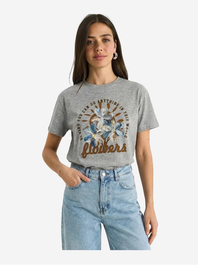 T-shirt com gola redonda e bordado floral lucci Cinza - Kiabi