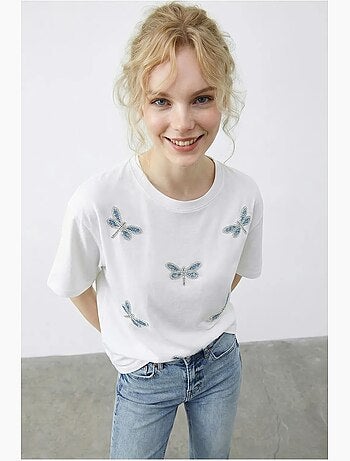 T-shirt com gola redonda e corte descontraído, bordado lucci