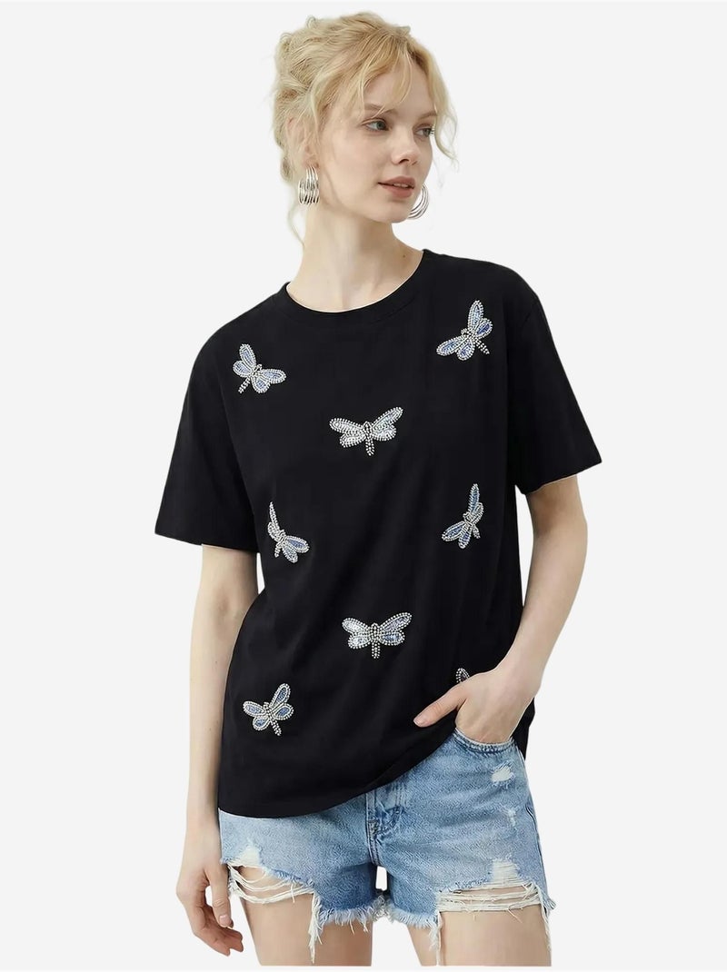T-shirt com gola redonda e corte descontraído, bordado lucci Preto - Kiabi