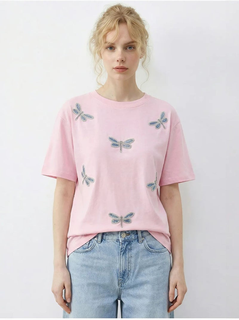 T-shirt com gola redonda e corte descontraído, bordado lucci Rosa-claro - Kiabi