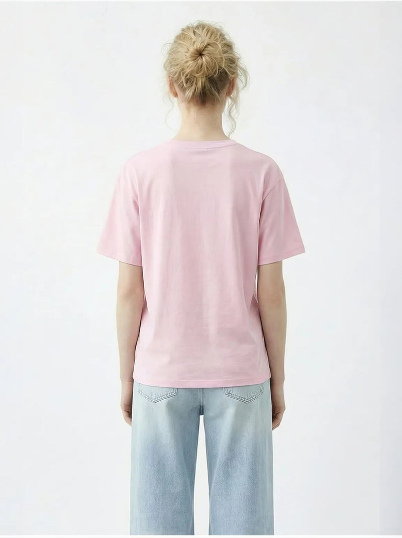 T-shirt com gola redonda e corte descontraído, bordado lucci Rosa-claro - Kiabi