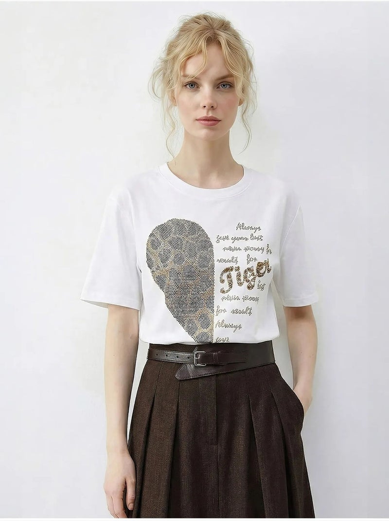 T-shirt com gola redonda e estampado de texto em lantejoulas lucci Branco - Kiabi