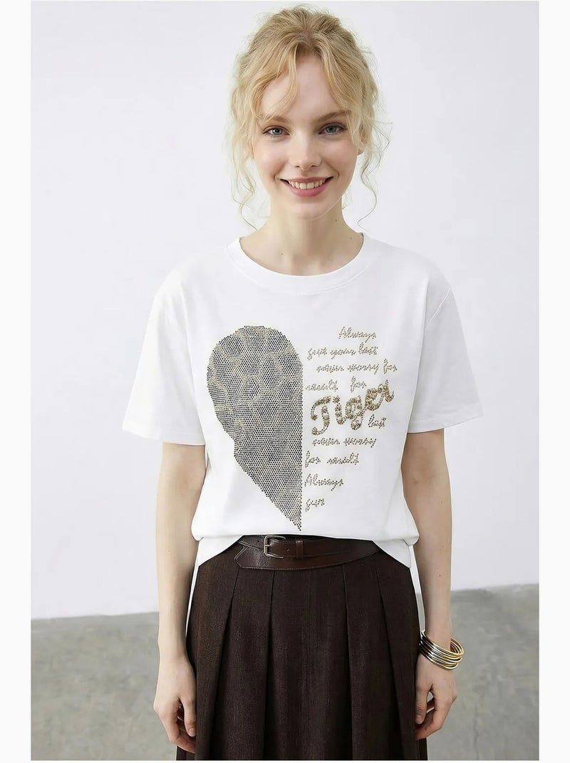 T-shirt com gola redonda e estampado de texto em lantejoulas lucci Branco - Kiabi