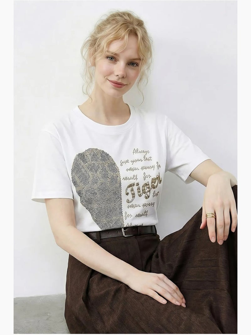 T-shirt com gola redonda e estampado de texto em lantejoulas lucci Branco - Kiabi