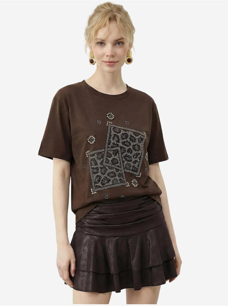 T-shirt com gola redonda e estampado geométrico de lantejoulas lucci Castanho-chocolate - Kiabi