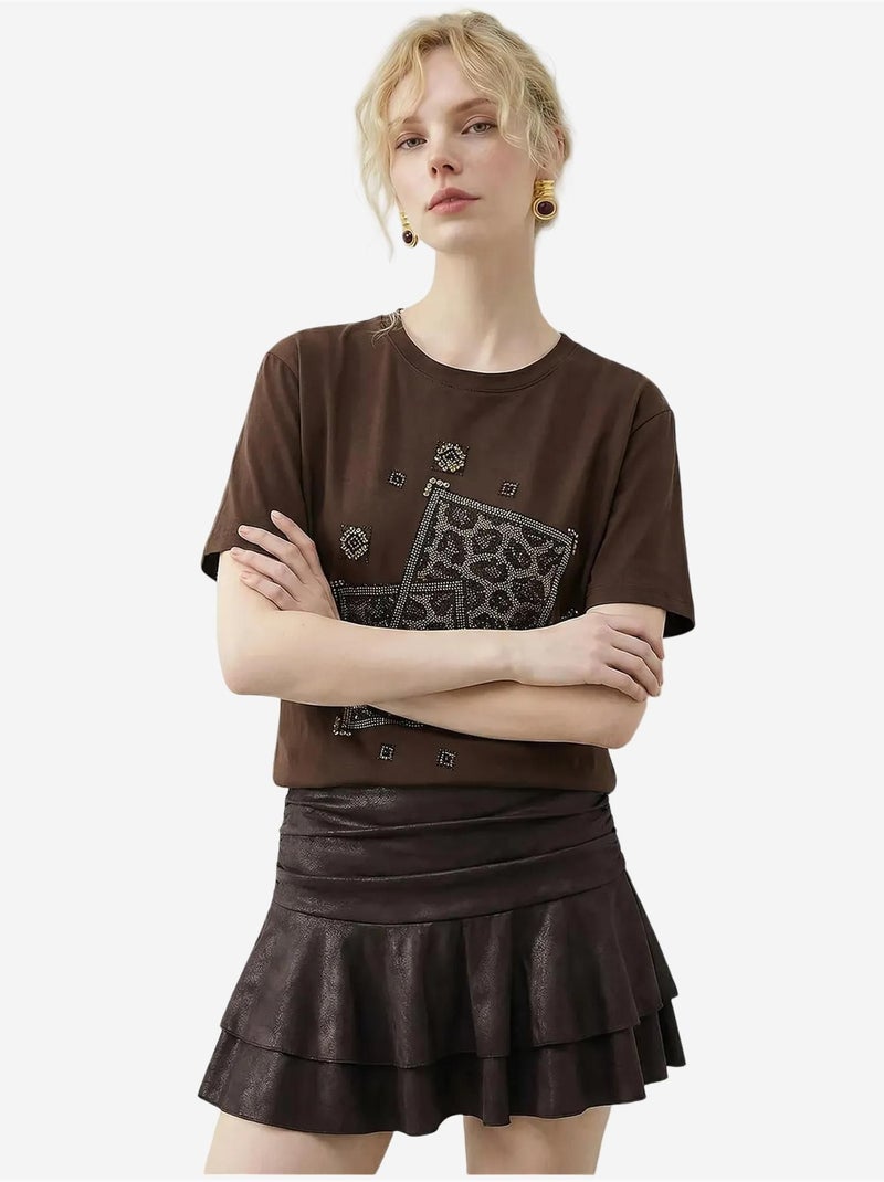T-shirt com gola redonda e estampado geométrico de lantejoulas lucci Castanho-chocolate - Kiabi