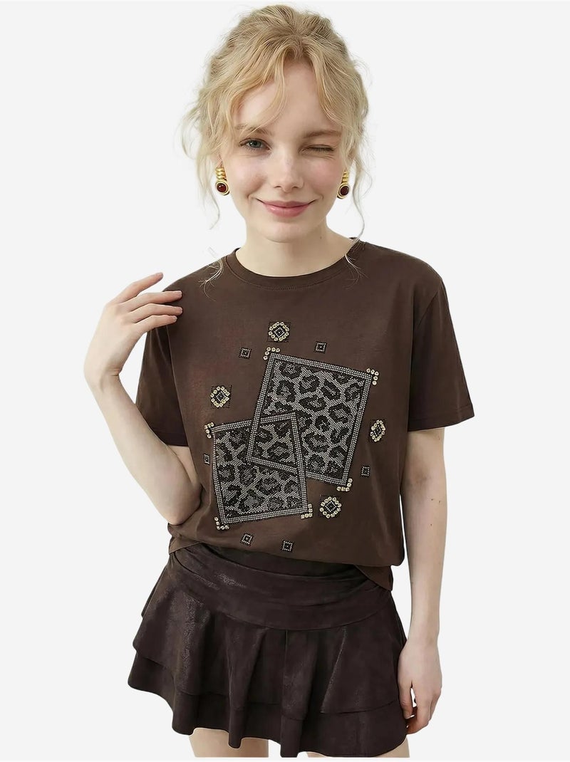 T-shirt com gola redonda e estampado geométrico de lantejoulas lucci Castanho-chocolate - Kiabi