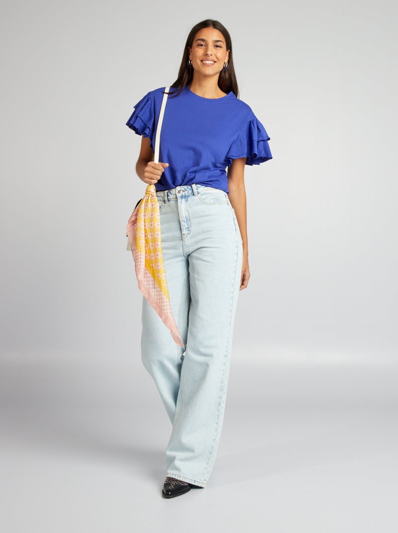 T-shirt com gola redonda e manga com folhos AZUL - Kiabi