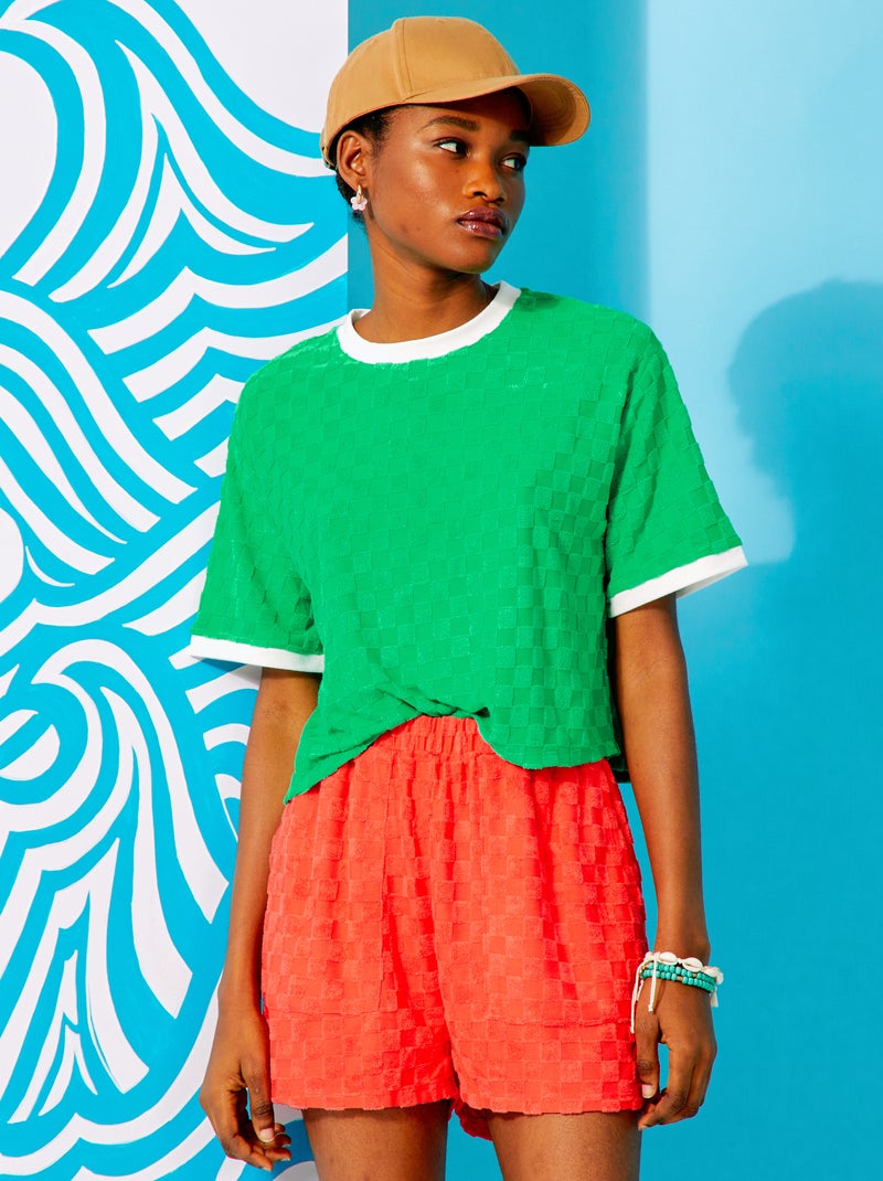 T-shirt com gola redonda em felpa VERDE - Kiabi