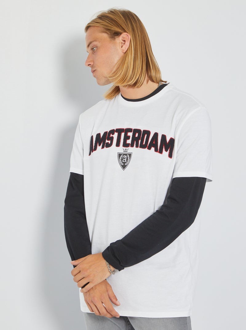 T-shirt com gola redonda estilo campus BRANCO - Kiabi