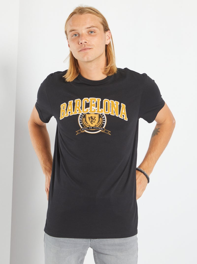 T-shirt com gola redonda estilo campus PRETO - Kiabi