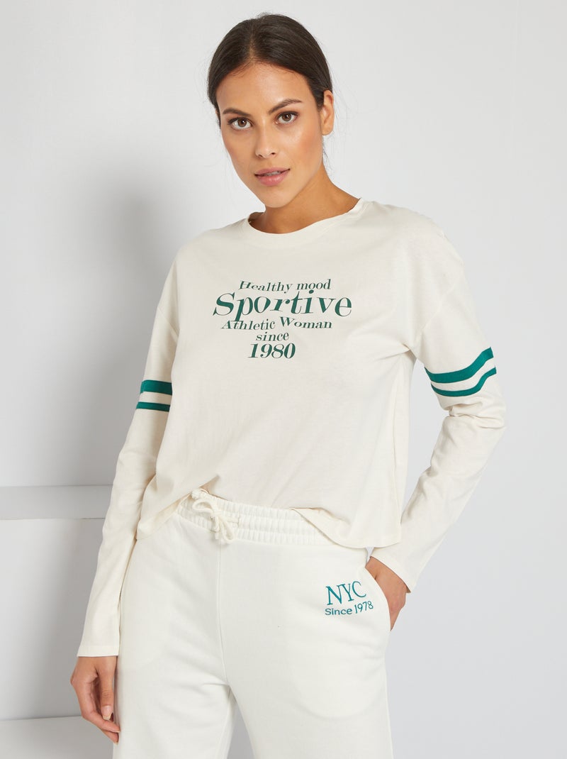 T-shirt com gola redonda tipo 'desporto' BRANCO - Kiabi