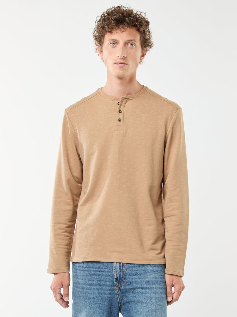 T-shirt com gola tunisina de manga comprida Bege - Kiabi