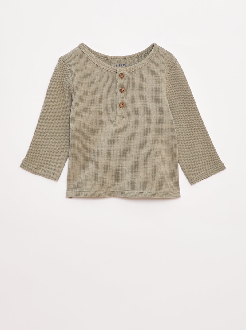 T-shirt com gola tunisina em malha gofrada Verde - Kiabi