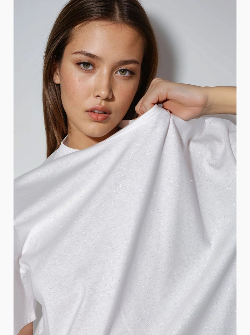 T-shirt com lantejoulas, gola redonda e manga curta busem Branco - Kiabi