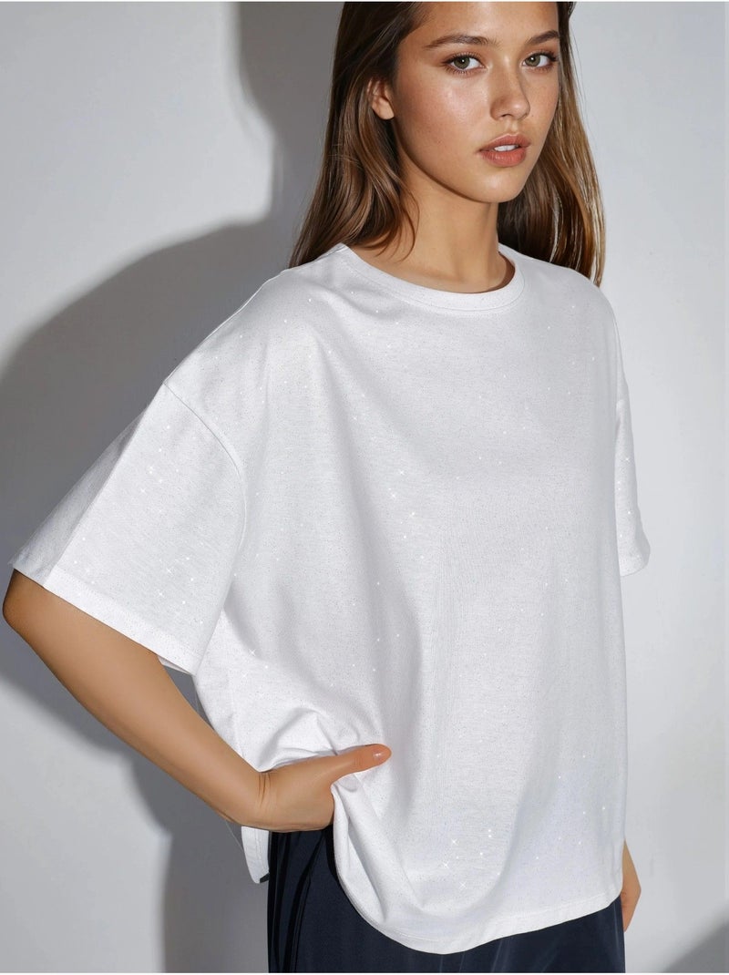 T-shirt com lantejoulas, gola redonda e manga curta busem Branco - Kiabi