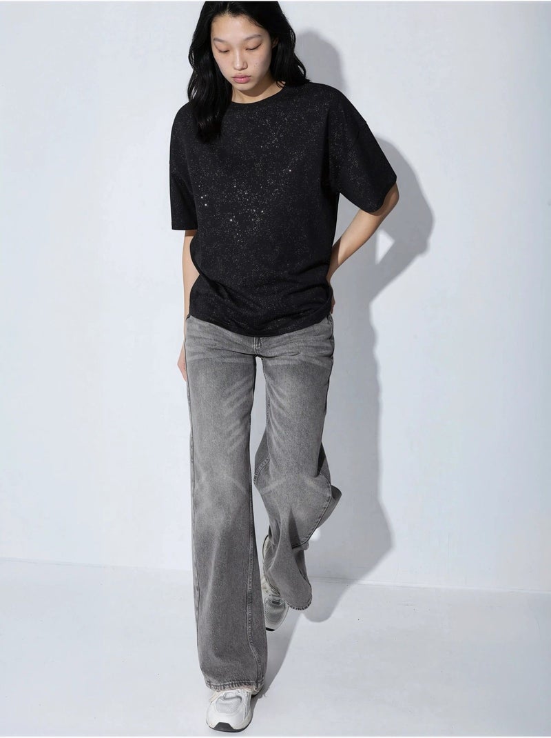 T-shirt com lantejoulas, gola redonda e manga curta busem Preto - Kiabi
