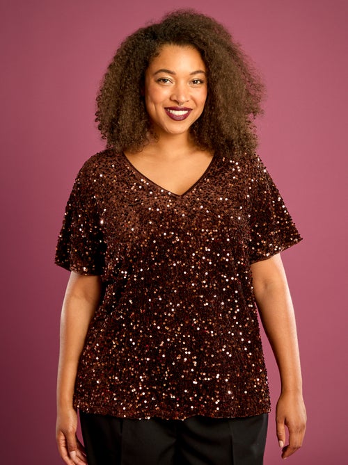 T-shirt com lantejoulas por todo o lado e mangas curtas - Kiabi