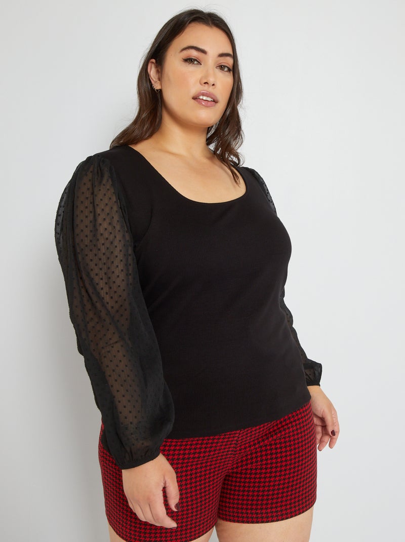 T-shirt com manga a ponto cheio Preto - Kiabi