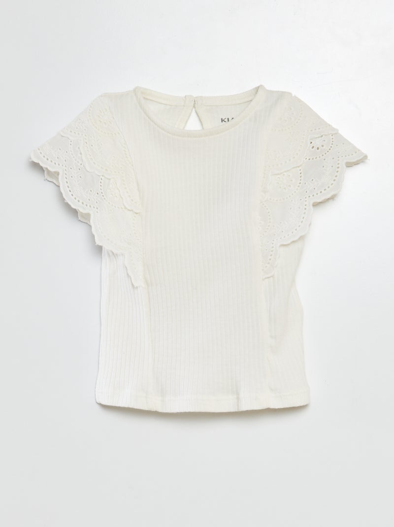 T-shirt com mangas bordadas Branco - Kiabi
