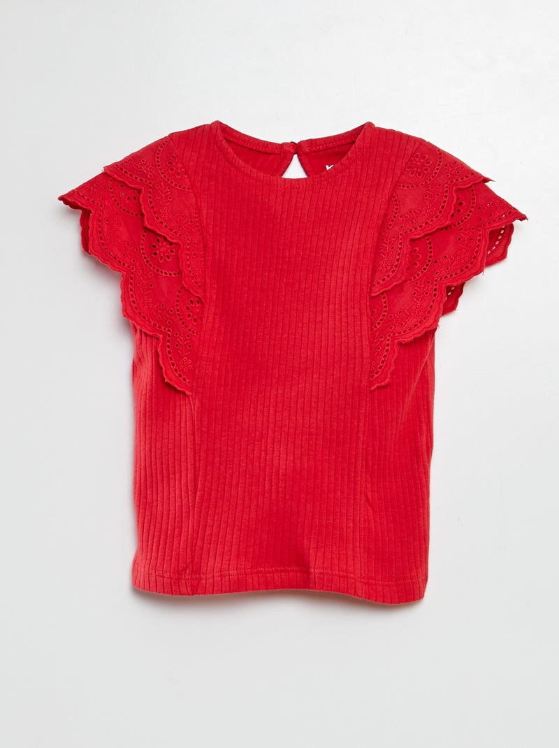 T-shirt com mangas bordadas VERMELHO - Kiabi