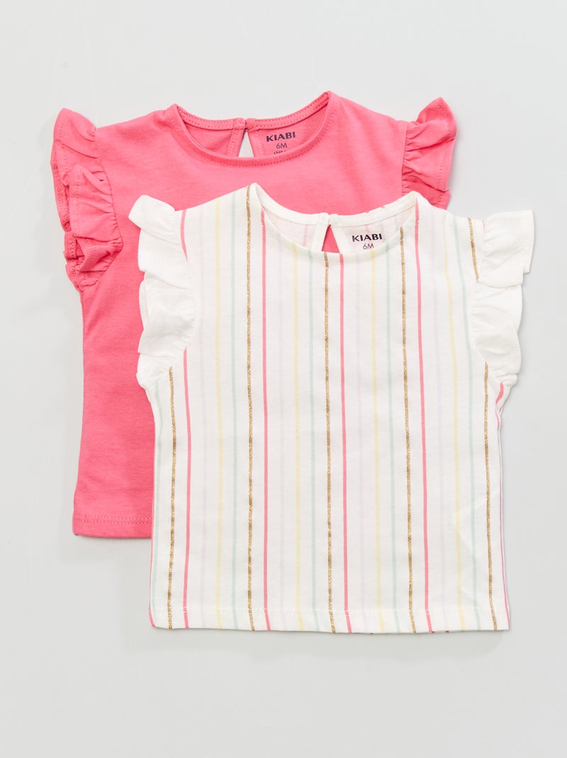 T-shirt com mangas com folhos - 2 peças BRANCO - Kiabi