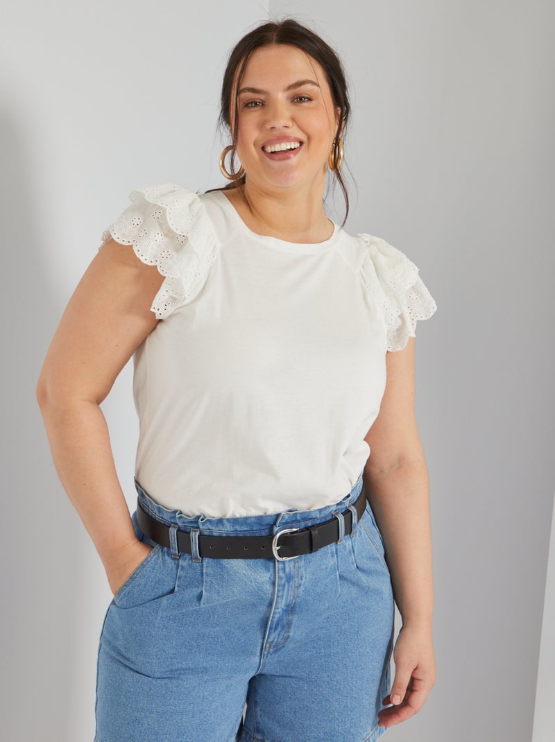 T-shirt com mangas com folhos Branco - Kiabi