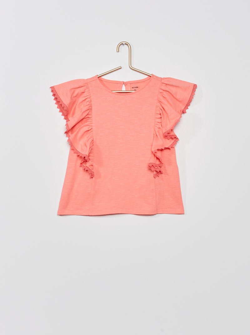T-shirt com mangas com folhos Rosa/ Coral - Kiabi