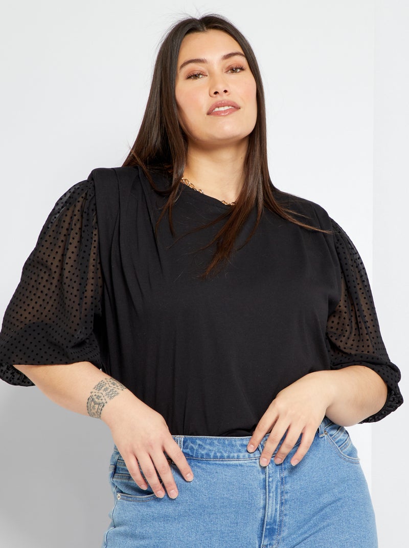 T-shirt com mangas com ponto cheio PRETO - Kiabi