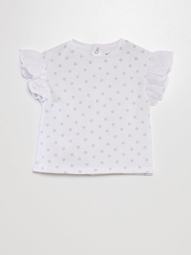 T-shirt com mangas e bordado inglês BRANCO - Kiabi
