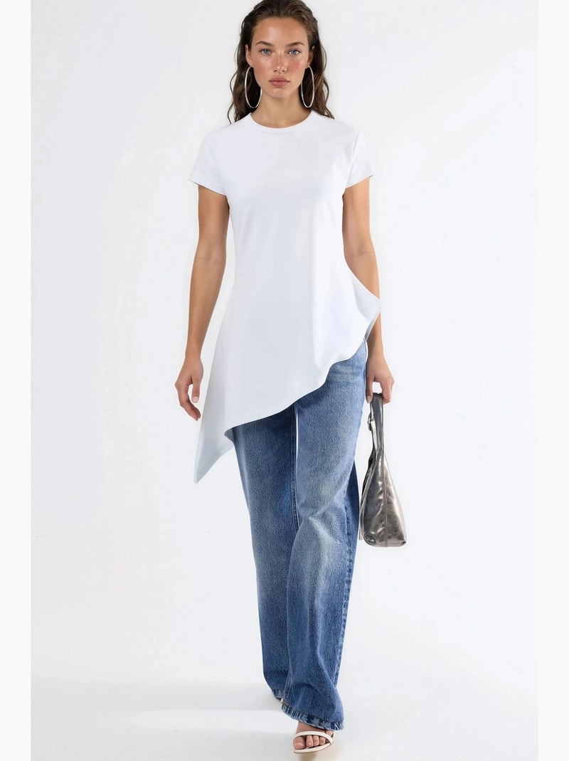 T-shirt comprida em mistura de algodão com decote redondo busem Branco - Kiabi