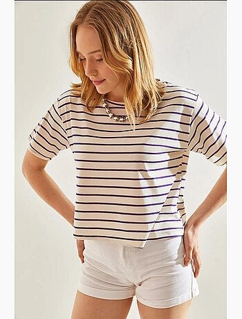 T-shirt crop boxy às riscas com decote redondo lucci