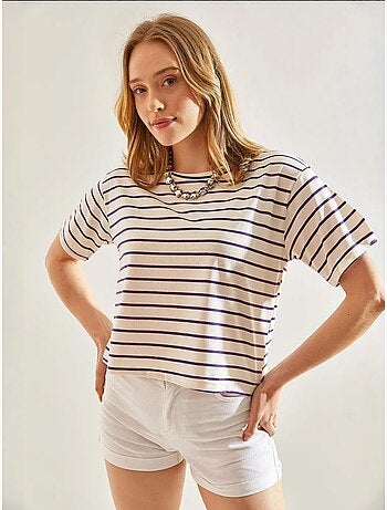 T-shirt crop boxy às riscas com decote redondo lucci