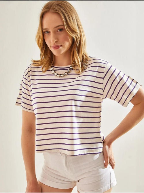 T-shirt crop boxy às riscas com decote redondo lucci - Kiabi T-shirt crop boxy às riscas com decote redondo lucci - Kiabi