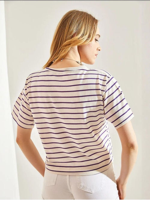 T-shirt crop boxy às riscas com decote redondo lucci - Kiabi T-shirt crop boxy às riscas com decote redondo lucci - Kiabi