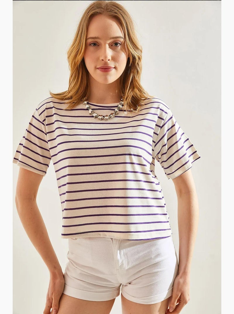 T-shirt crop boxy às riscas com decote redondo lucci Roxo berinjela - Kiabi