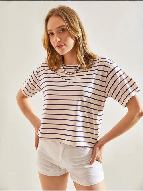 T-shirt crop boxy às riscas com decote redondo lucci - Kiabi T-shirt crop boxy às riscas com decote redondo lucci - Kiabi