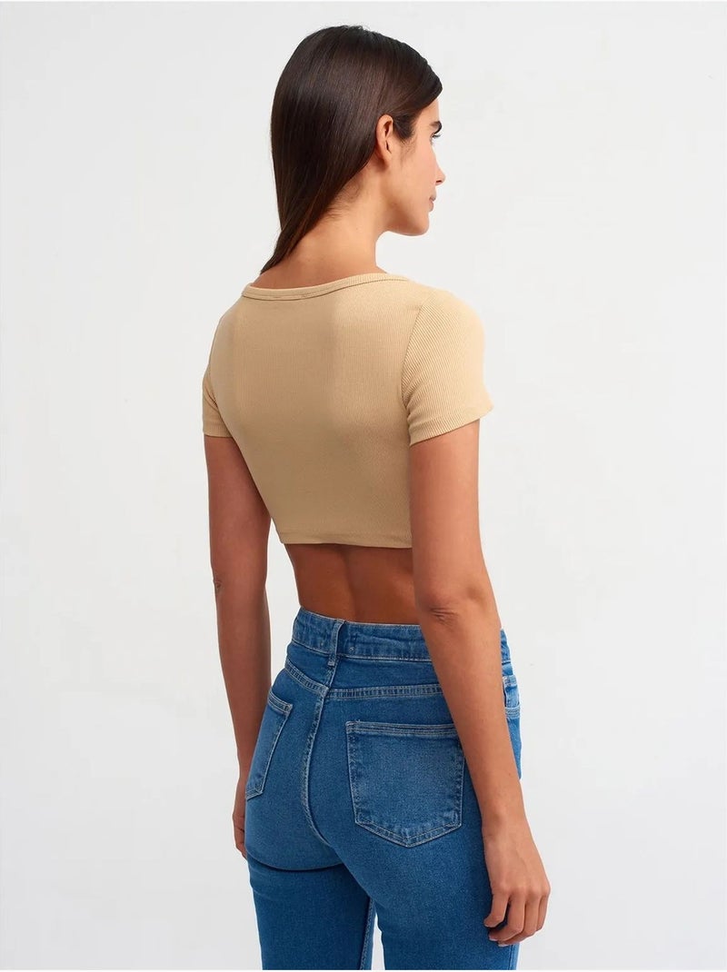 T-shirt crop canelada de mulher dilvin Bege claro - Kiabi