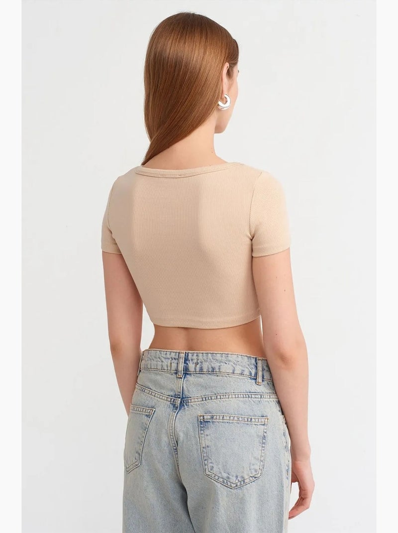 T-shirt crop canelada de mulher dilvin Bege natural - Kiabi