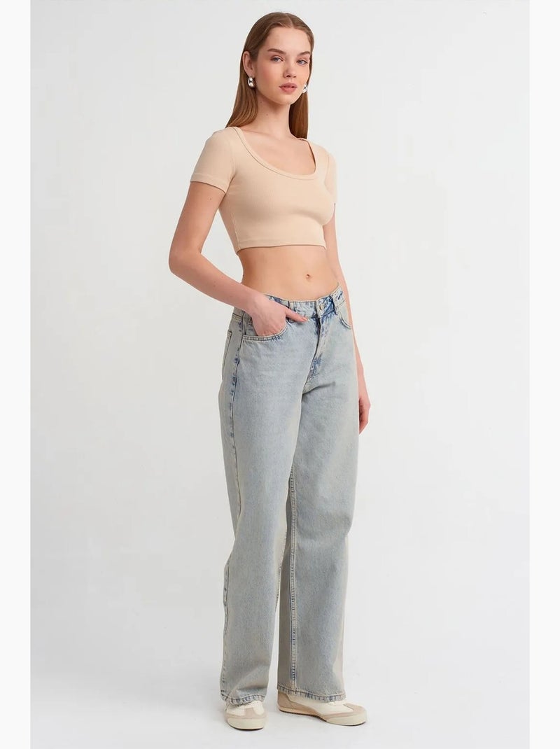 T-shirt crop canelada de mulher dilvin Bege natural - Kiabi