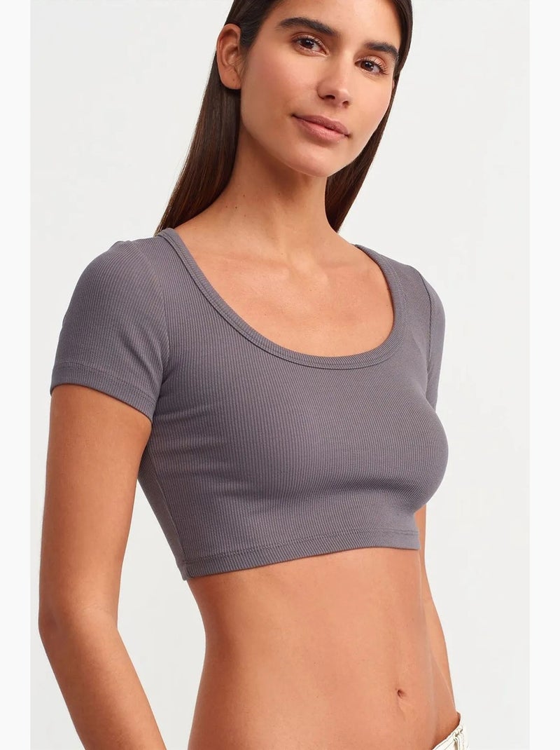 T-shirt crop canelada de mulher dilvin Cinza - Kiabi