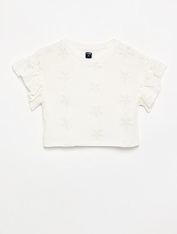 T-shirt crop com bordado inglês