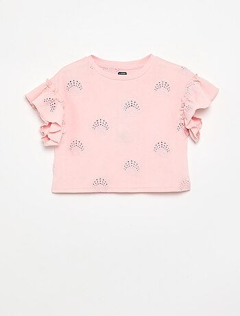 T-shirt crop com bordado inglês