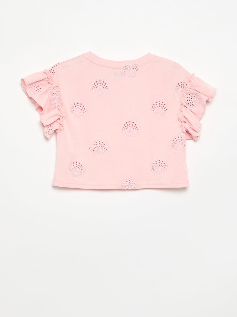 T-shirt crop com bordado inglês Rosa - Kiabi