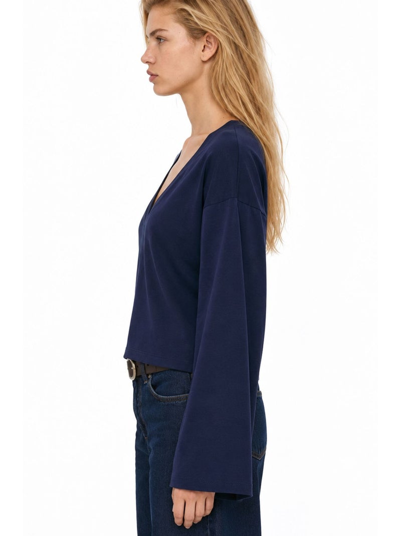 T-shirt crop com decote em v e corte justo busem Azul-marinho - Kiabi