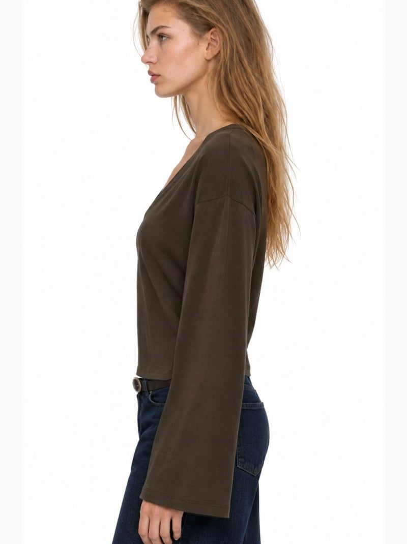 T-shirt crop com decote em v e corte justo busem Castanho-escuro - Kiabi
