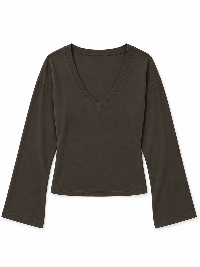 T-shirt crop com decote em v e corte justo busem Castanho-escuro - Kiabi